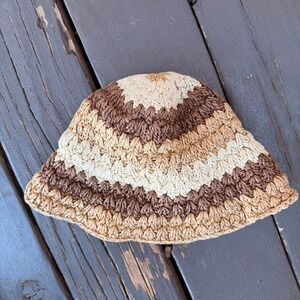 Hand woven rattan style straw brown bucket hat